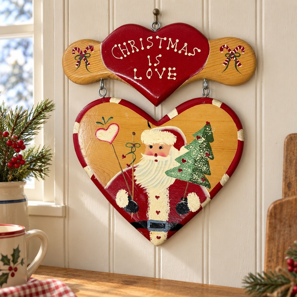 Vintage 1995 JDI Christmas Is Love Wood Heart Santa Wall Hanging Folk Art